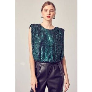 Do + Be Sequin Jewel Green Shoulder Pad Tank Top
